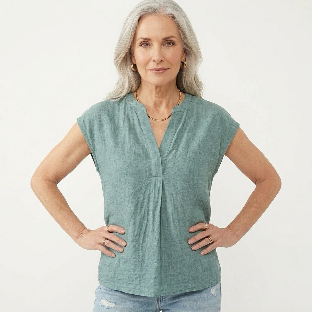 Jones New York Teal Cap-Sleeve Linen Top
